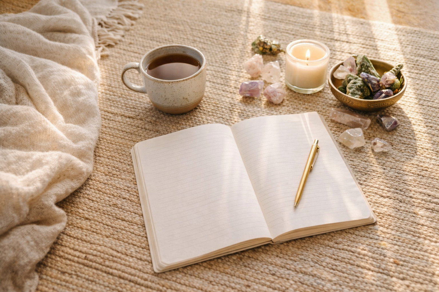 Open journal, tea, candle, and crystals in warm sunlight—calm preparation space for a Beyond Quantum Healing session.