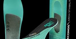 Turquoise ECODOTS foam footbeds and insoles displayed with black shoe inserts, highlighting arch stability.