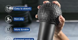 Close-up of a black textured grip held in a hand, with labels for easy absorption, non-slip, and durability.