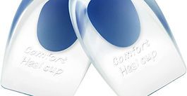 Two blue-and-white contact lens cases with embossed labels on a white background