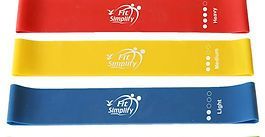 Three stacked resistance bands in red, yellow, and blue with white “Fit Simply” branding.