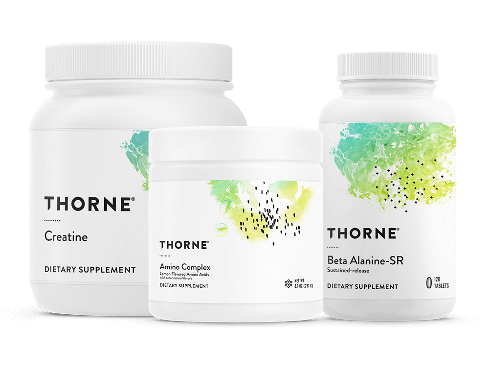 Three Thorne supplement bottles: Creatine, Amino Complex, and Beta-Alanine SR, on a white background