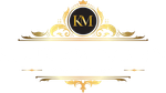 Gold ornamental logo with black circle monogram “KM” centered between decorative flourishes.