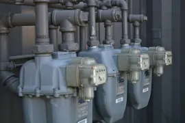 Row of gray industrial gas meters and pipes mounted outdoors on a building wall