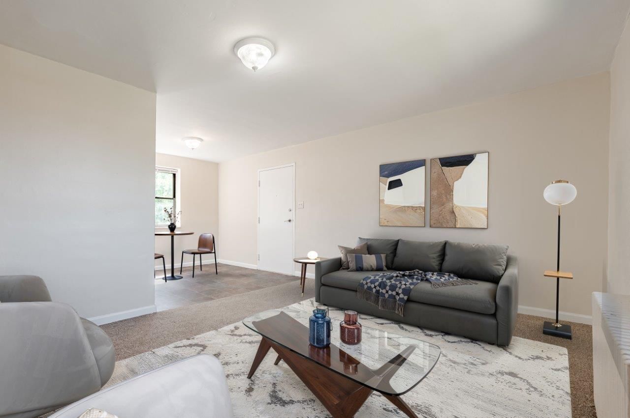 Bright living room with gray sofa, coffee table, white rug, wall art, and dining area in back