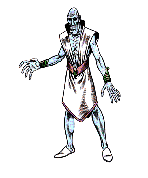 Pale humanoid figure with bony hands and a blank expression, wearing white robe and green wristbands.