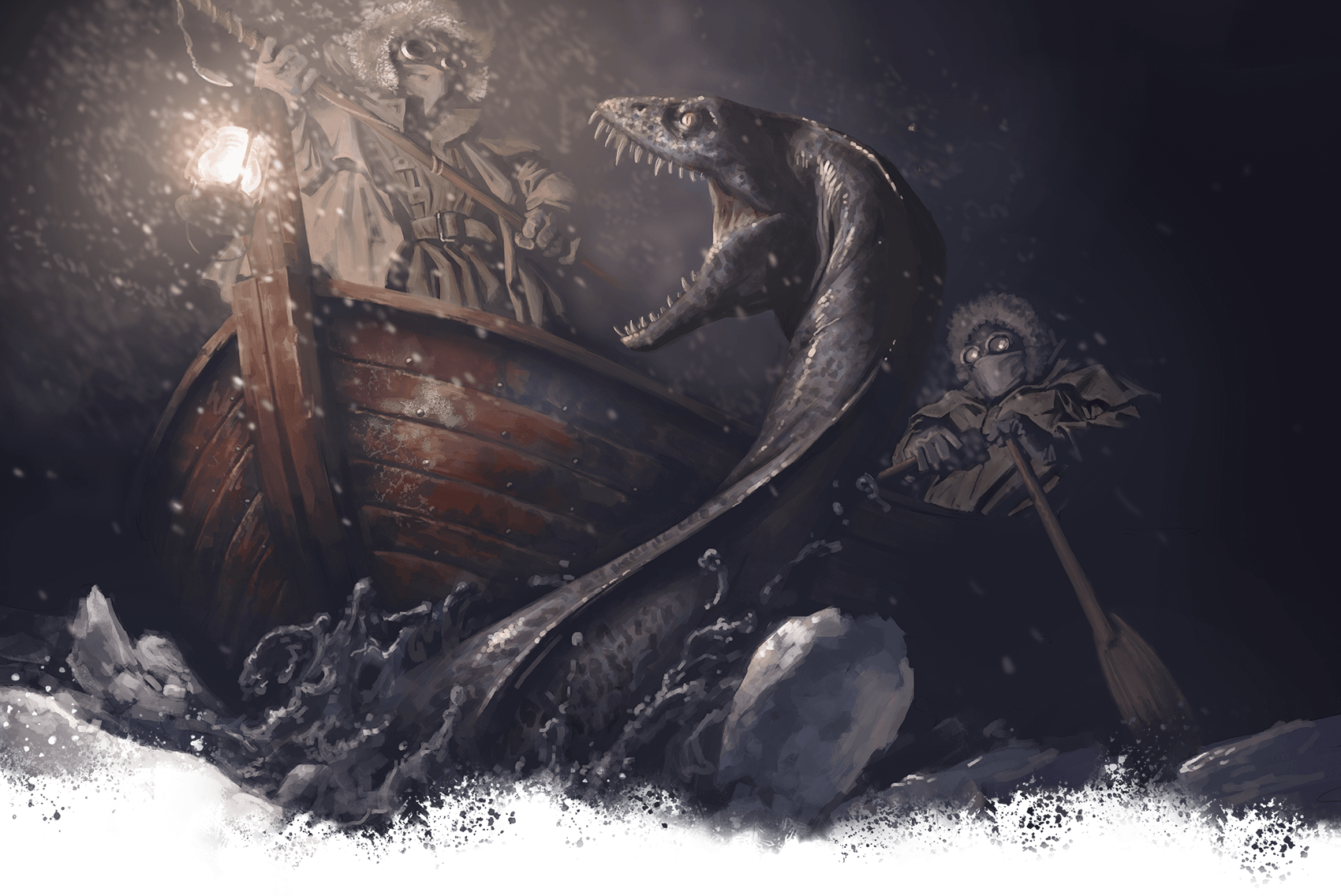 Boat, lit by lantern, men face a giant sea creature in dark, choppy water.