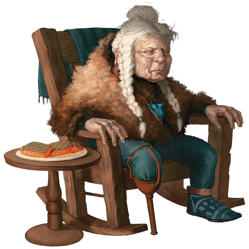 Elderly woman with braided white hair, a prosthetic leg, and fur shawl, sitting in a rocking chair with food.