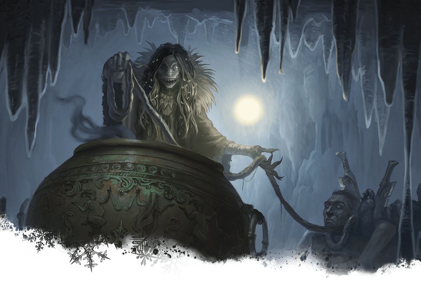 Witch leaning over cauldron in a cave, a figure being pulled in; moon in background.