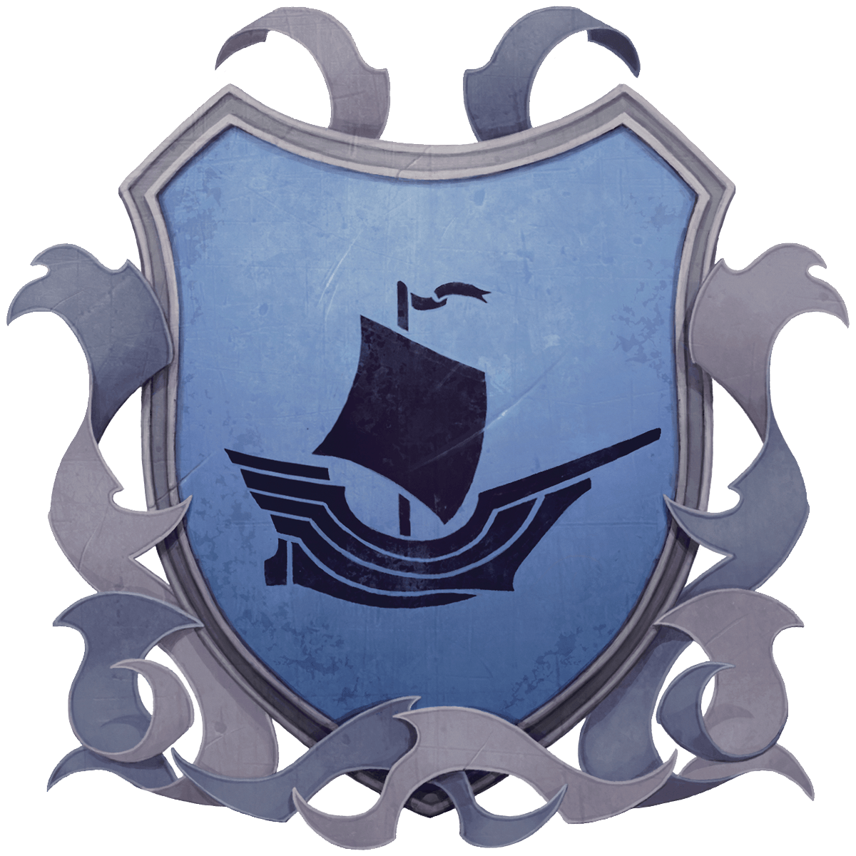 Blue shield with a black ship. Silver filigree surrounds the shield.