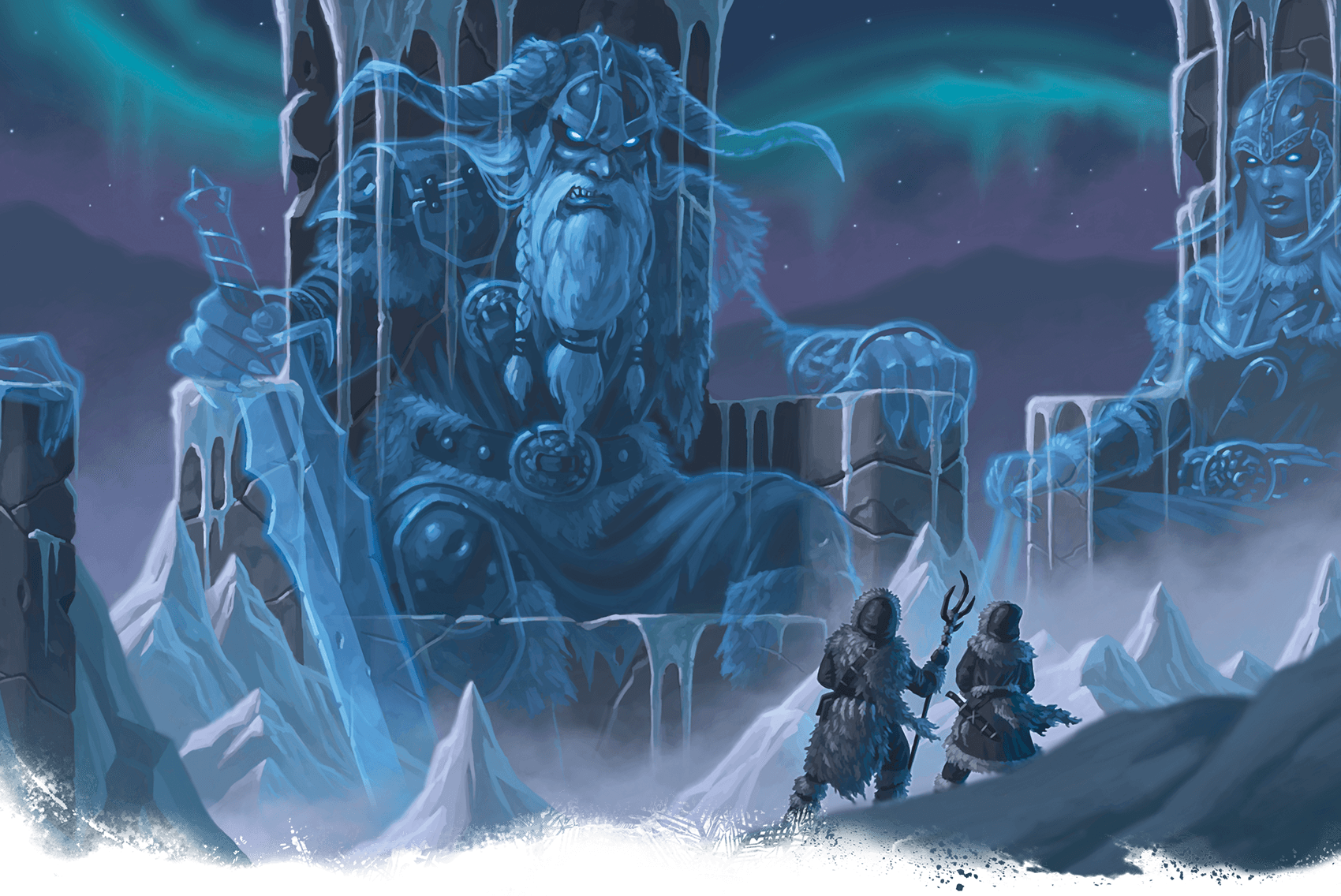 Two figures approach icy statues under aurora borealis.