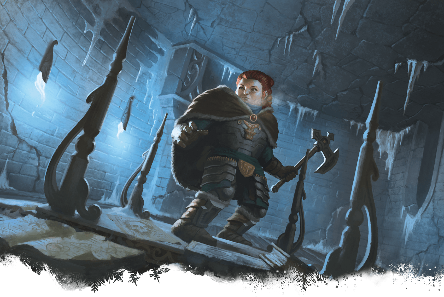 A dwarf, armored and wielding an axe, cautiously navigates a blue-lit icy cavern.