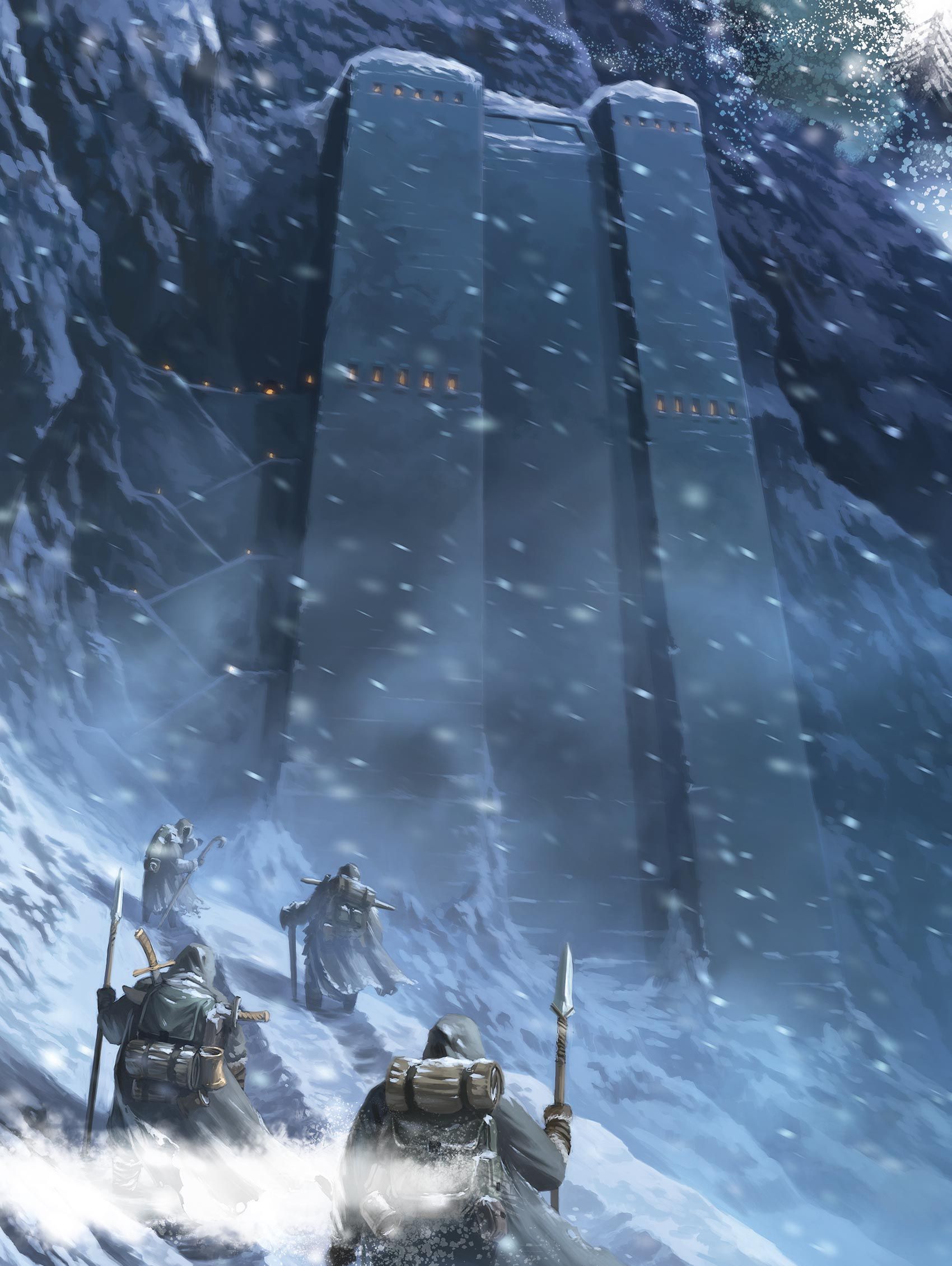Group of figures ascending a snowy mountain toward three tall, dark pillars.