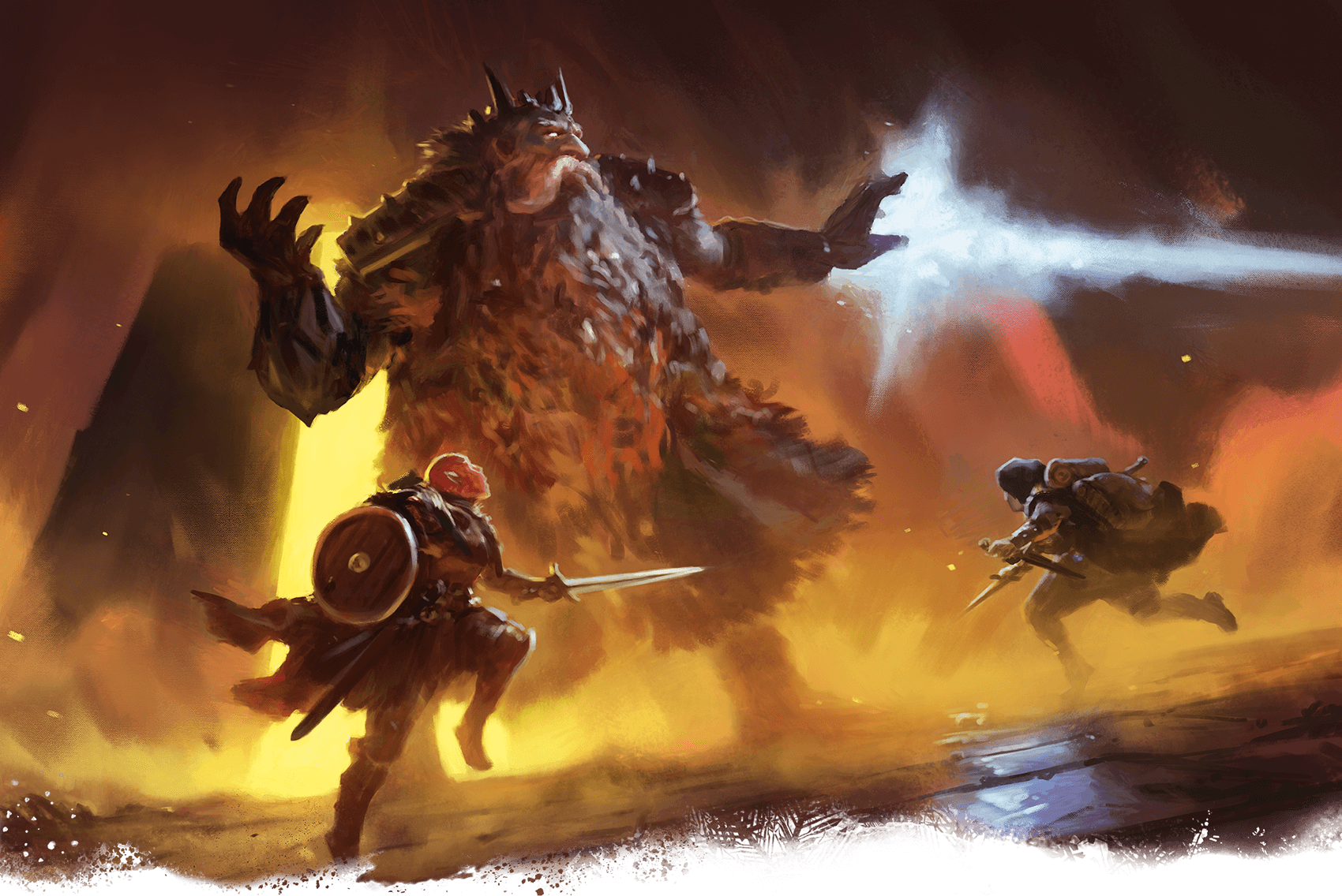 Warrior confronts a giant, dodging a blast in a cavernous space.