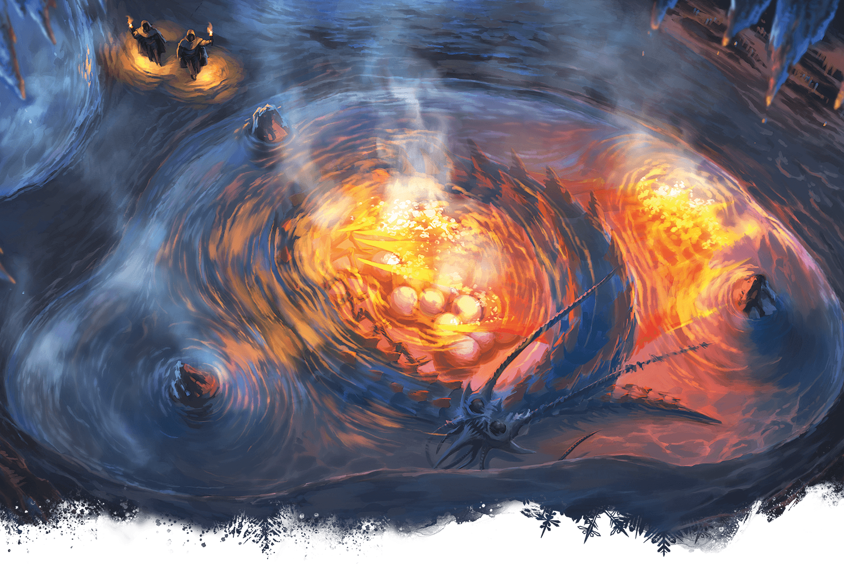 A molten, fiery pool in a cavern, with steam rising. Figures in the background.