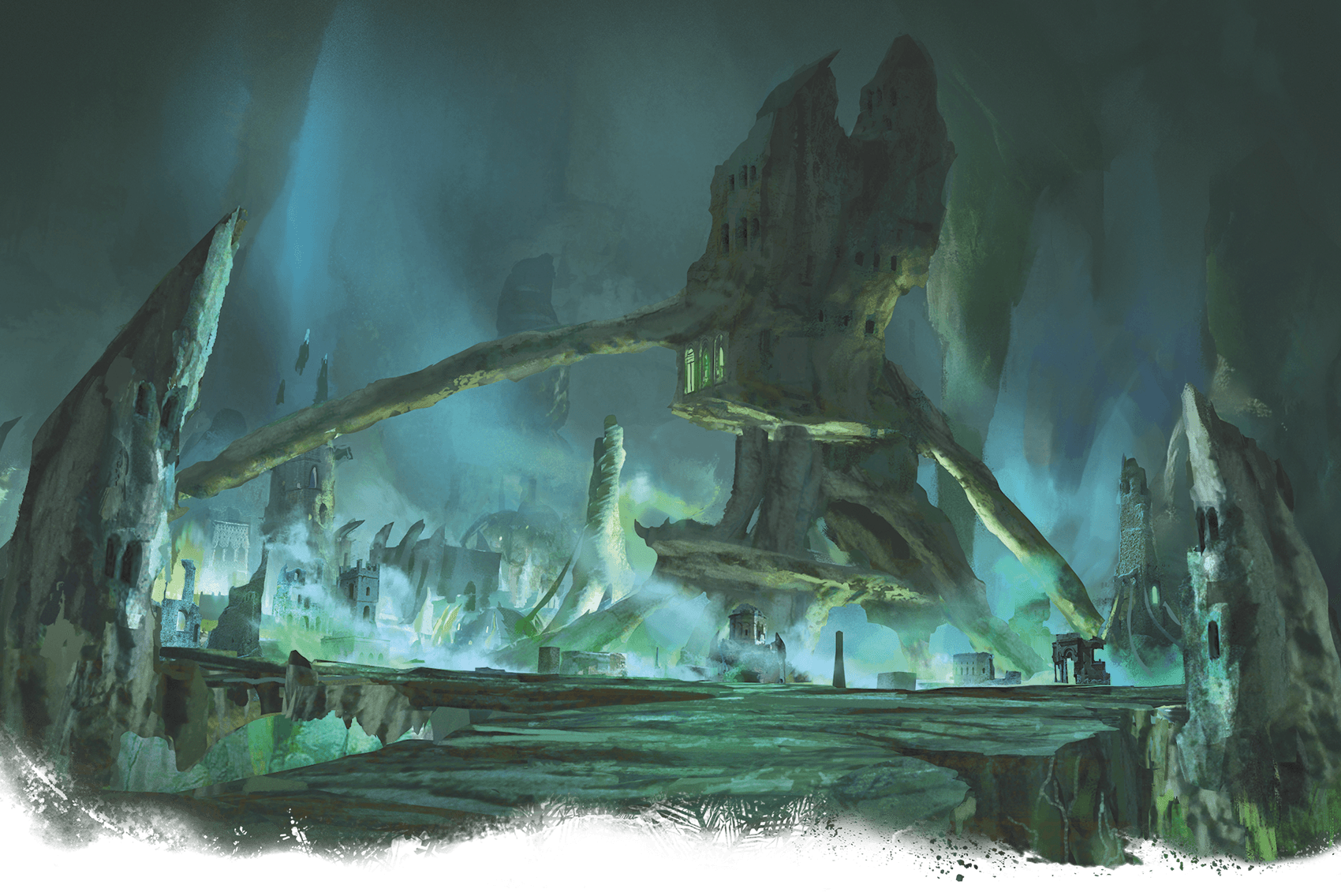 A surreal, dark landscape of broken stone structures with a ghostly bridge, in teal and gray.