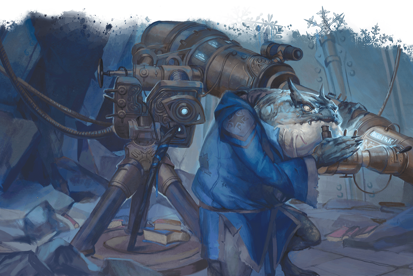 A frog-like creature in a blue robe peers into a telescope. Beside it is a large, complex camera in a dim room.
