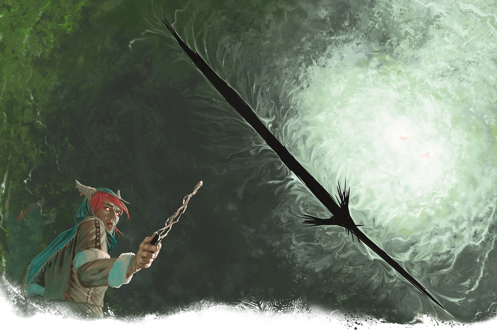 Elf wizard casts a spell, dark blade cleaves a swirling green light.