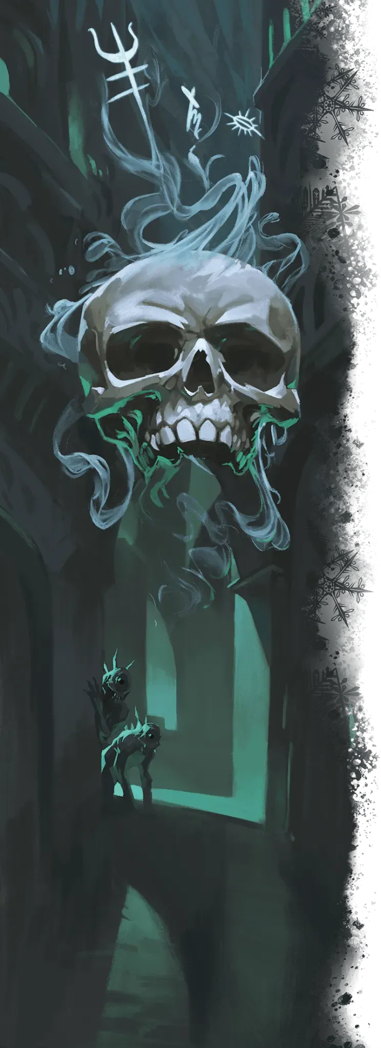 A skull surrounded by ethereal smoke in a dark, gothic setting with ghostly figures on a ledge.