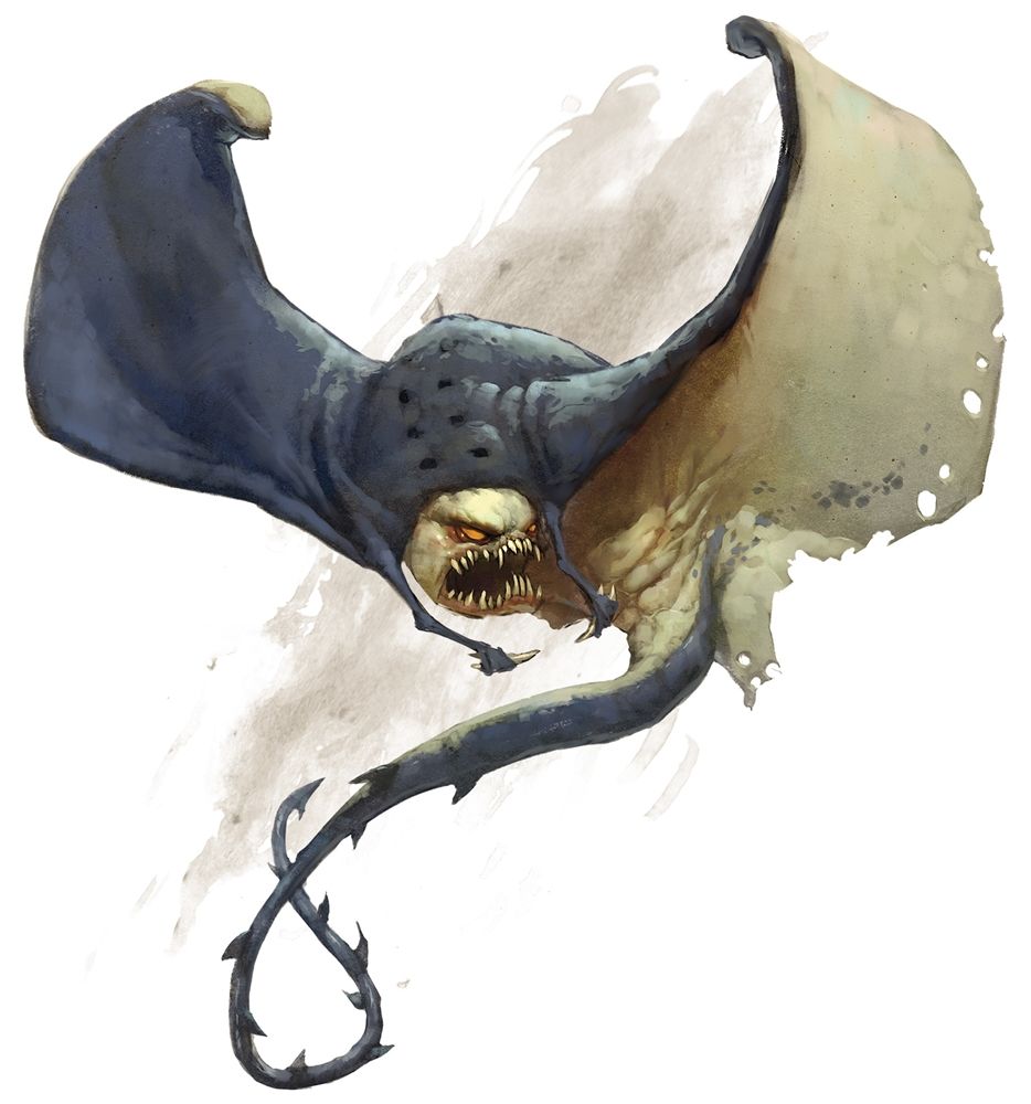 A monstrous, flying creature with jagged teeth and a stinger tail. Dark blue wings and greyish body.