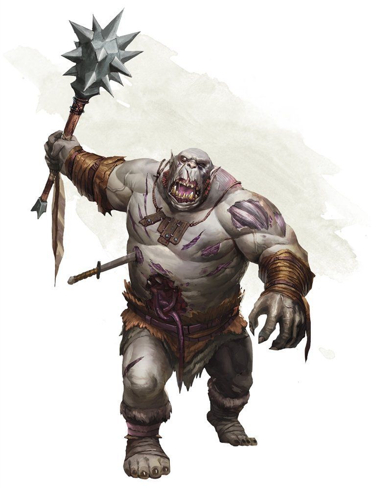 Ogre with pale skin, holding a spiked mace, injured with a sword in its side.