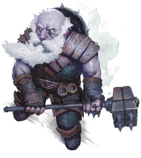 A heavily armored dwarf wielding a spiked hammer. He has a white beard, and a grim expression.