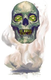 A floating skull with green gems for eyes emerging from white smoke.