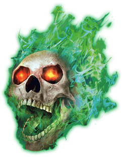 Skull engulfed in green flames, glowing orange eyes, screaming mouth.