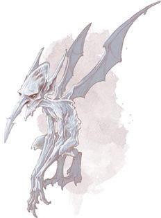 A pale, winged creature with a beak-like nose perches, with bony wings, and sharp claws.