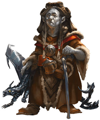 Elderly gnome holding a cane and a metallic dragon, wearing brown robes.