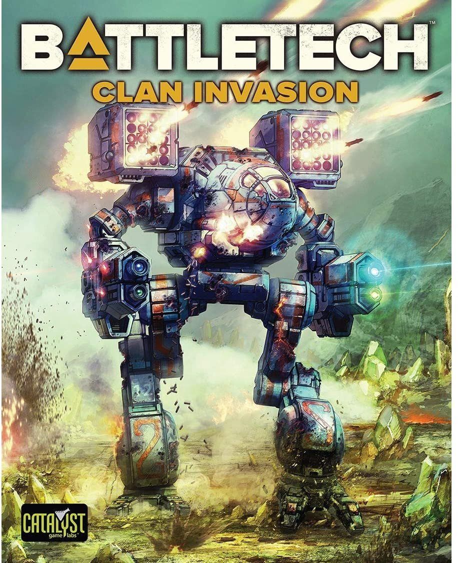 BattleTech: Clan Invasion box art. A large mech in battle; explosions and green landscape.