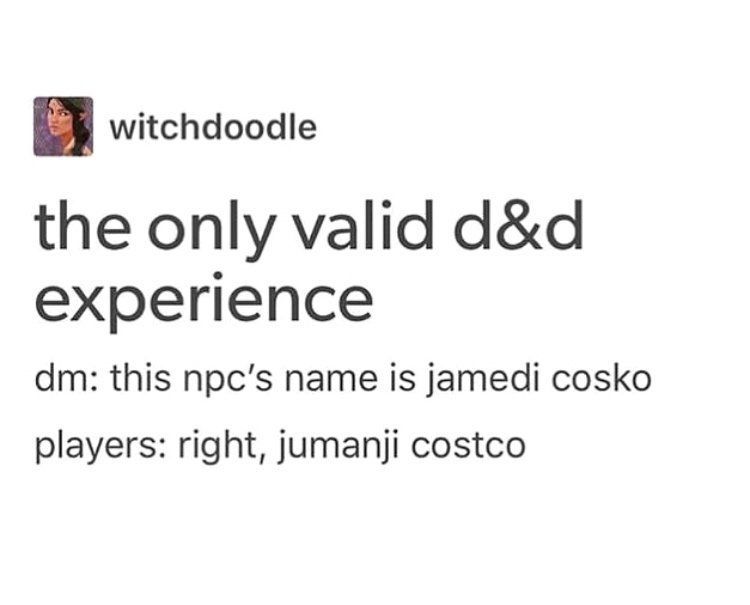Text meme: a Dungeon Master introduces an NPC, players jokingly rename them 