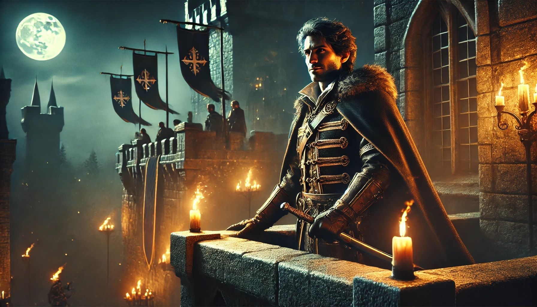 A man in a cape is standing on a balcony with candles.