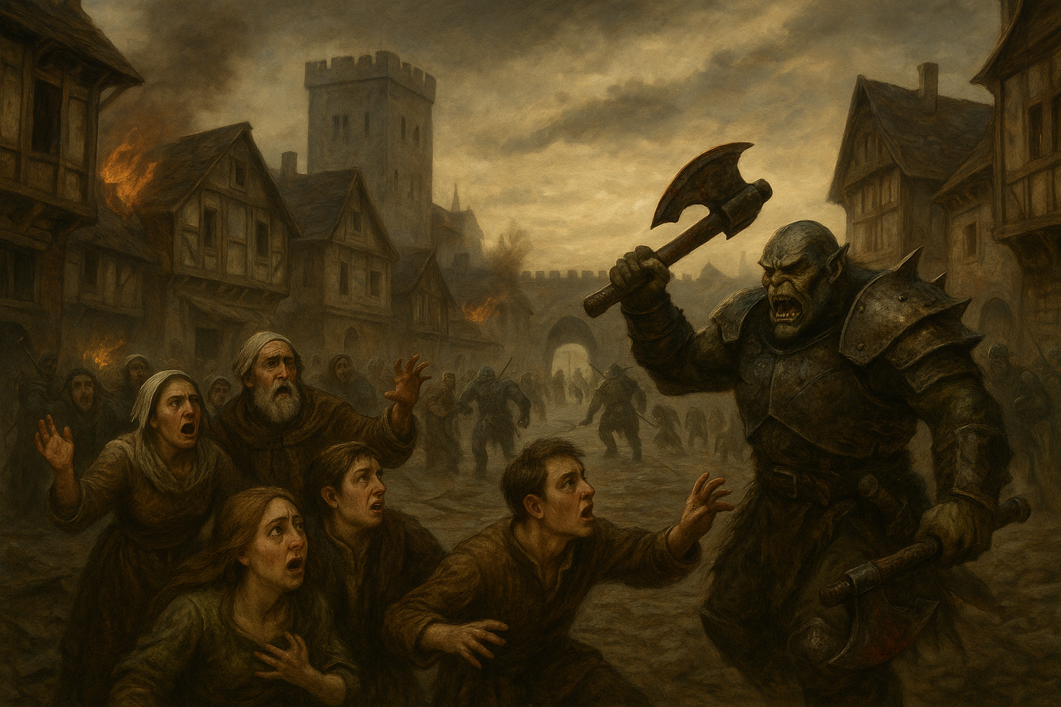 A painting of a group of people being attacked by a monster.