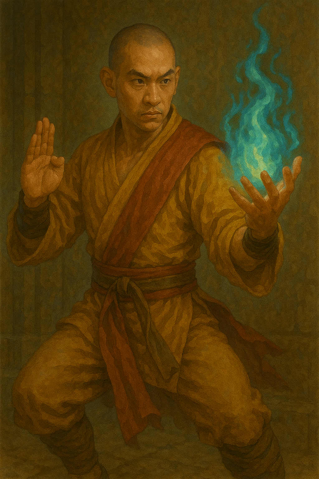 A painting of a man in a yellow robe holding a blue flame in his hand.