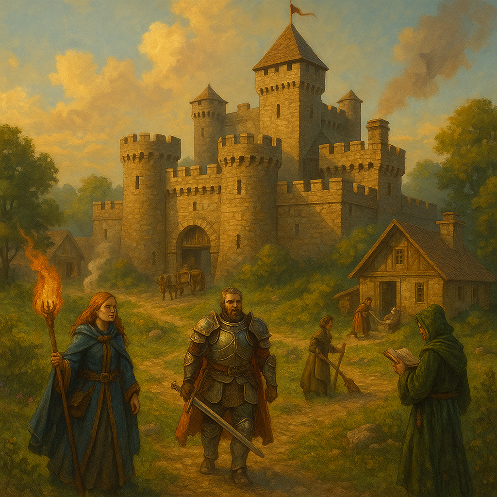 A painting of a castle with people in front of it