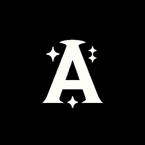 A white letter a with three stars on a black background.