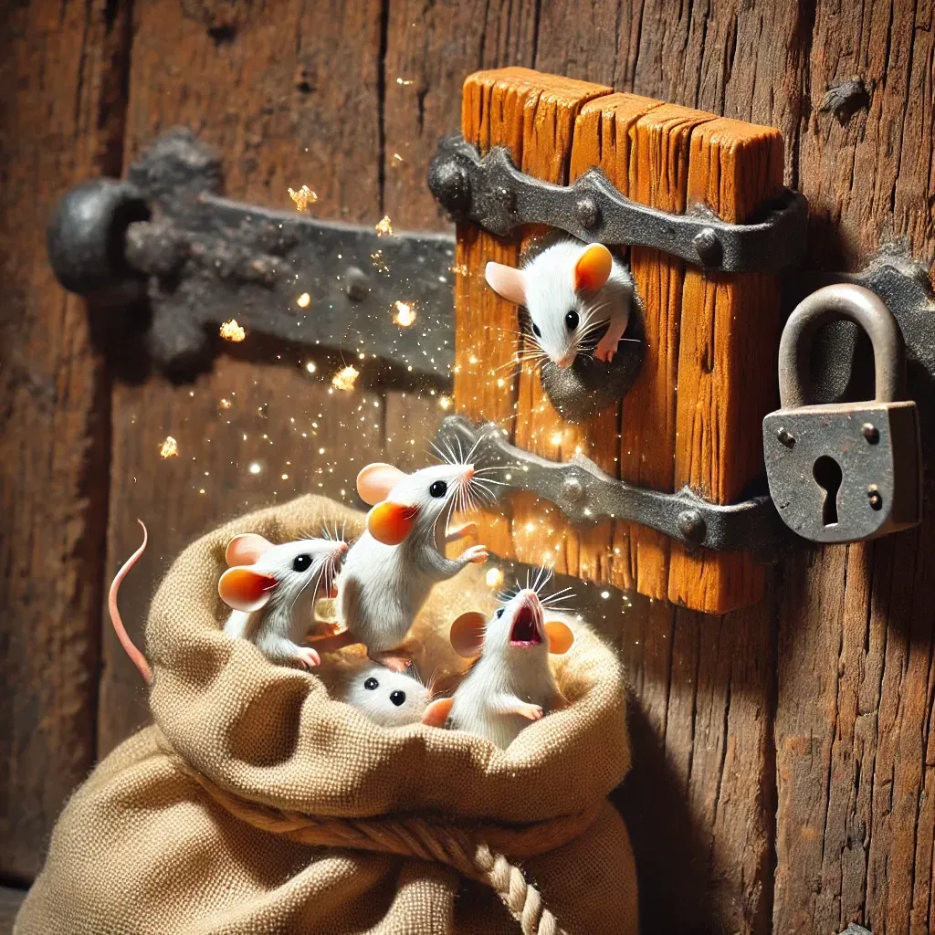 A bunch of mice are sitting in a bag on a wooden door