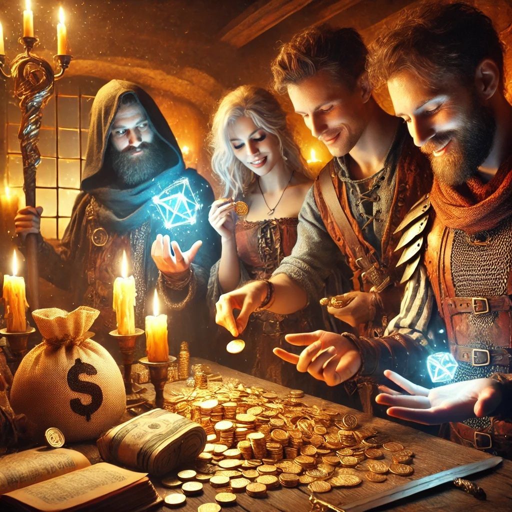 A group of people are sitting around a table with coins and candles.