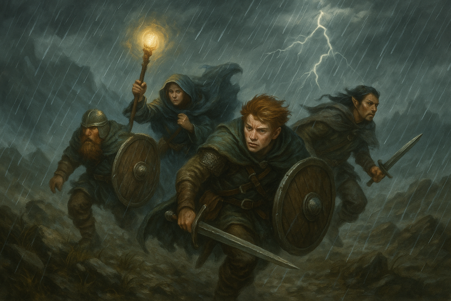 A group of warriors are running in the rain with shields and swords.