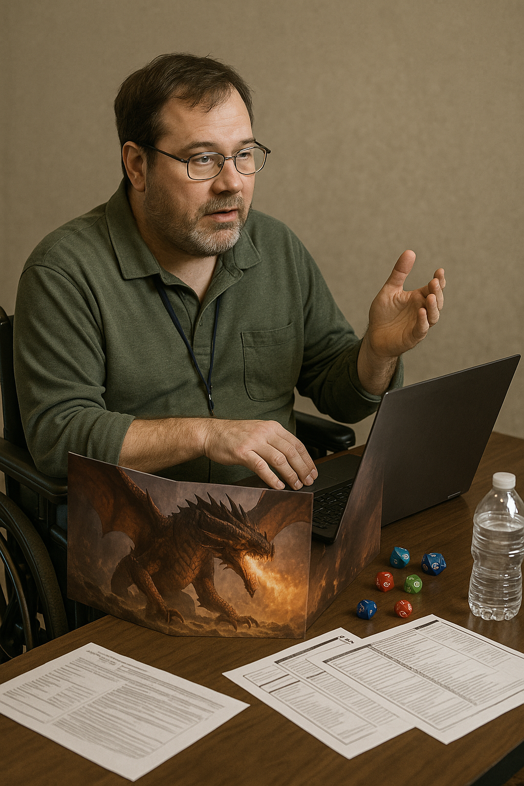 A man in a wheelchair is sitting at a table using a laptop computer.