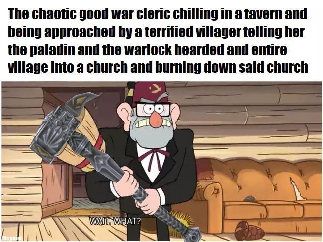 A chaotic good war cleric reacts in disbelief, holding a warhammer in a tavern. Text describes villagers being burned by a paladin and warlock.