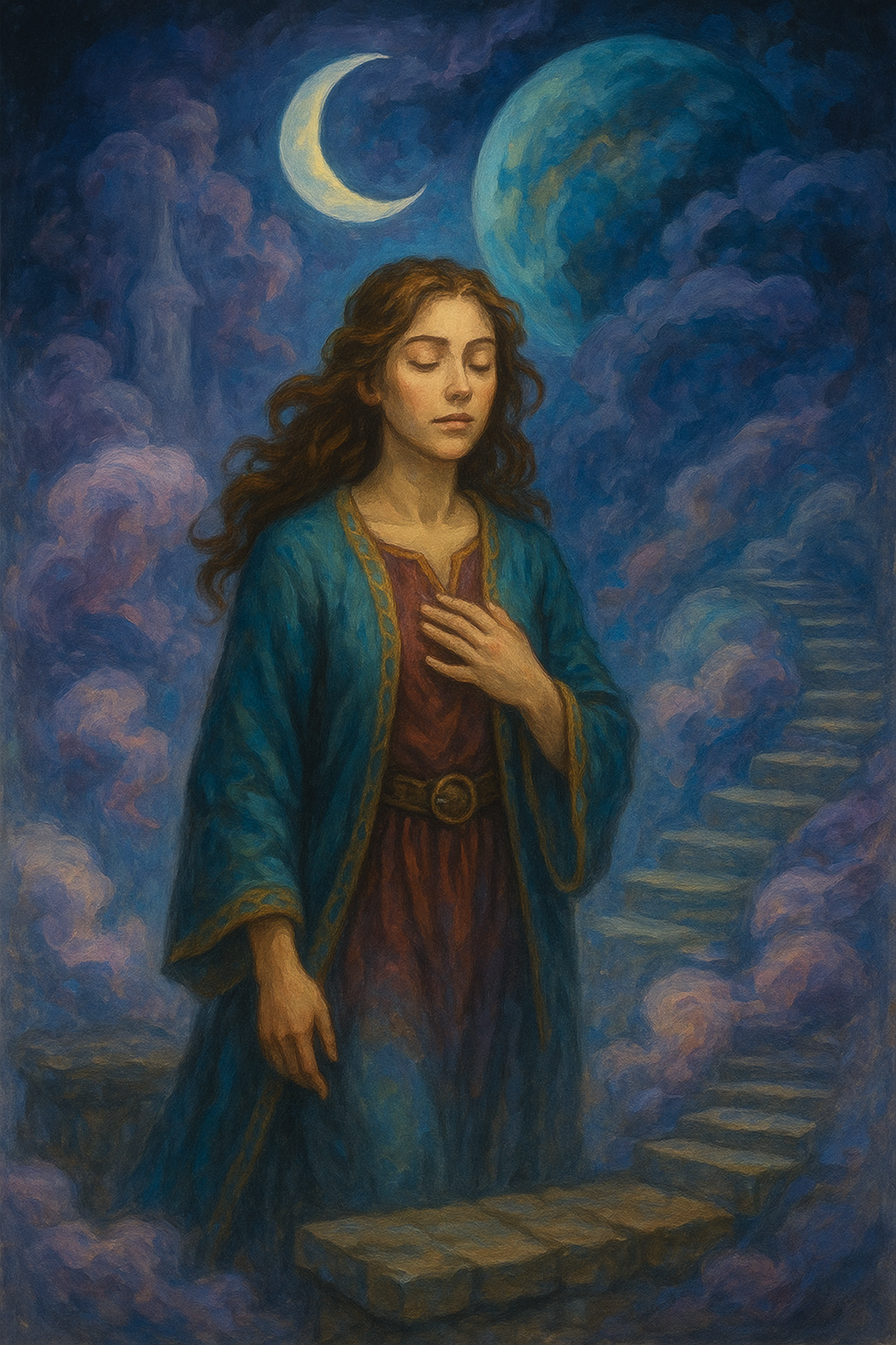 A painting of a woman in a blue robe standing on a staircase under a crescent moon.