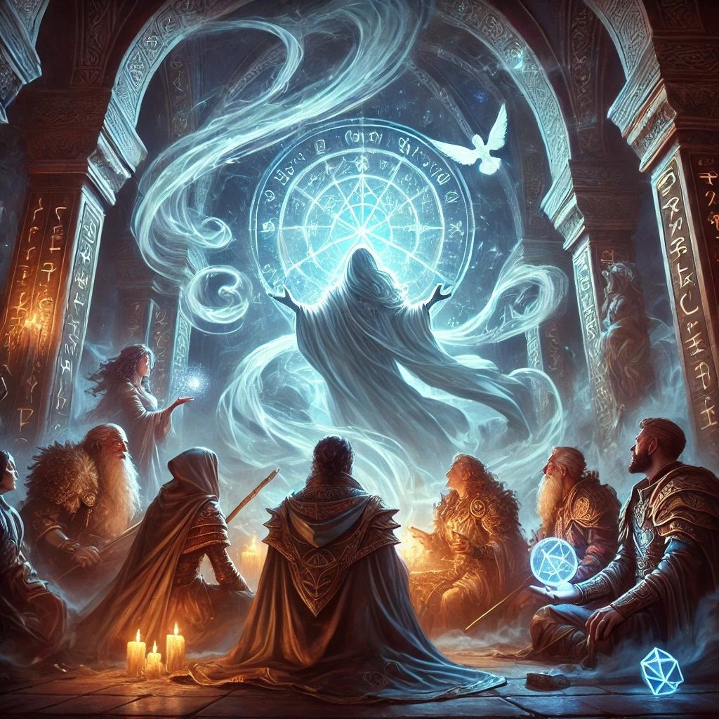 A group of people are sitting around a table with candles in a dark room.