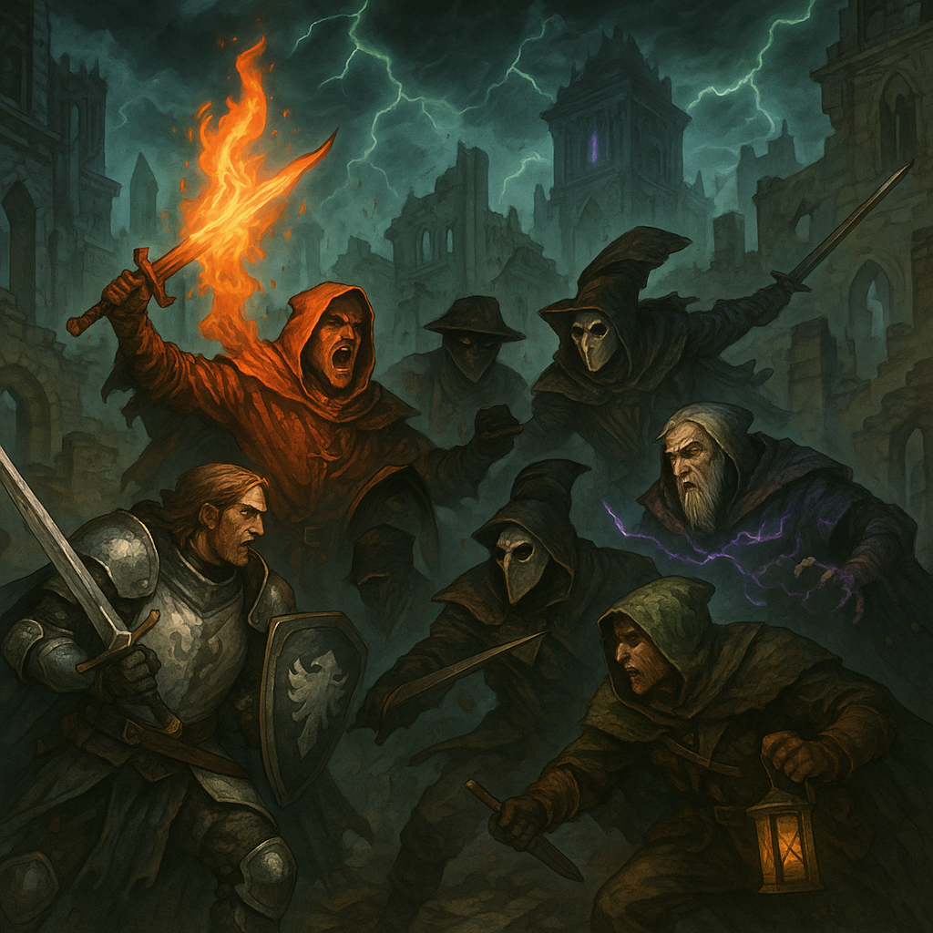 A painting of a group of men with swords and shields