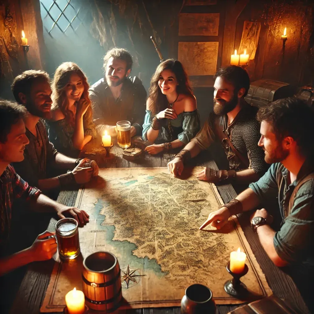 A group of people are sitting around a table with a map on it.