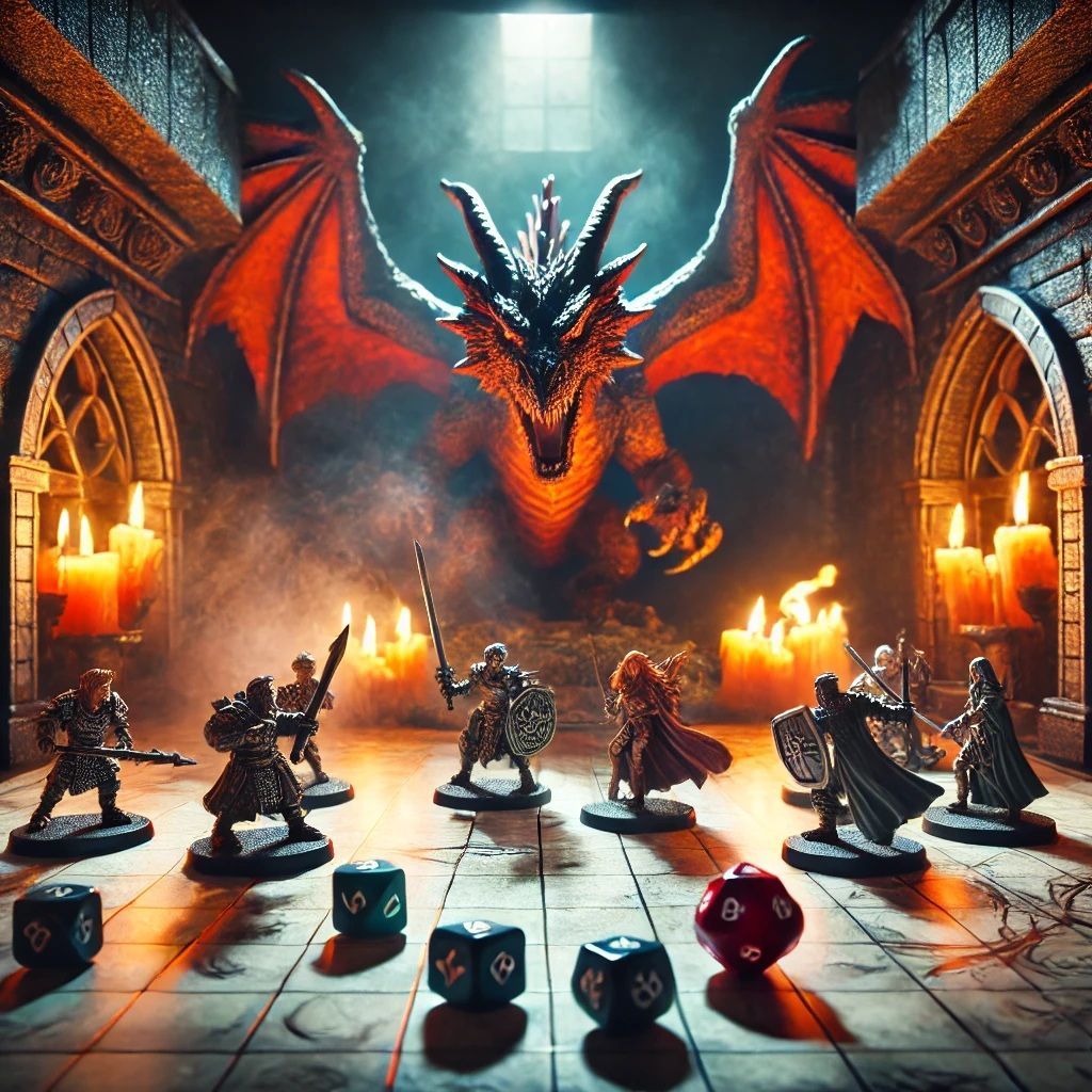 A group of figurines standing in front of a dragon in a room with candles.