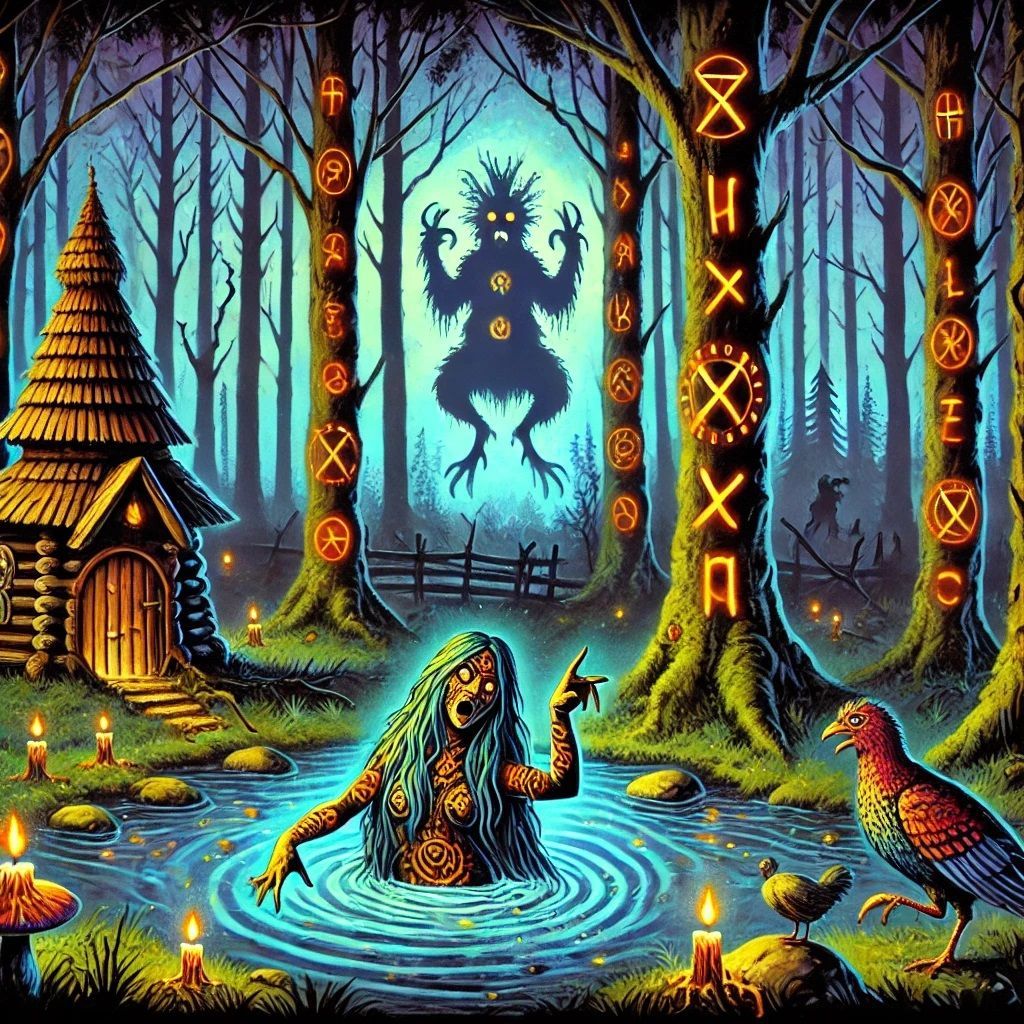 A pixel art painting of a witch in a pond in the woods.