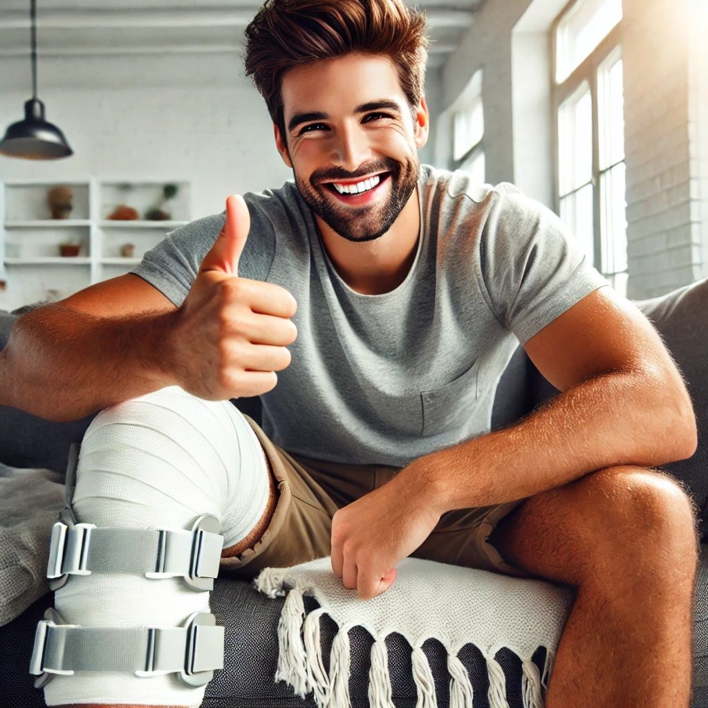 A man with a broken leg is giving a thumbs up