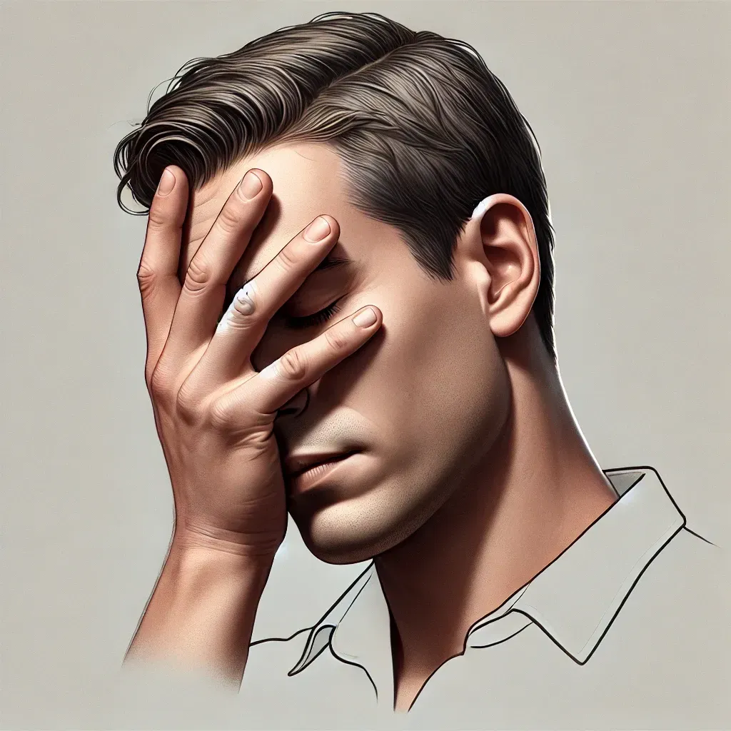 A man is covering his face with his hand.